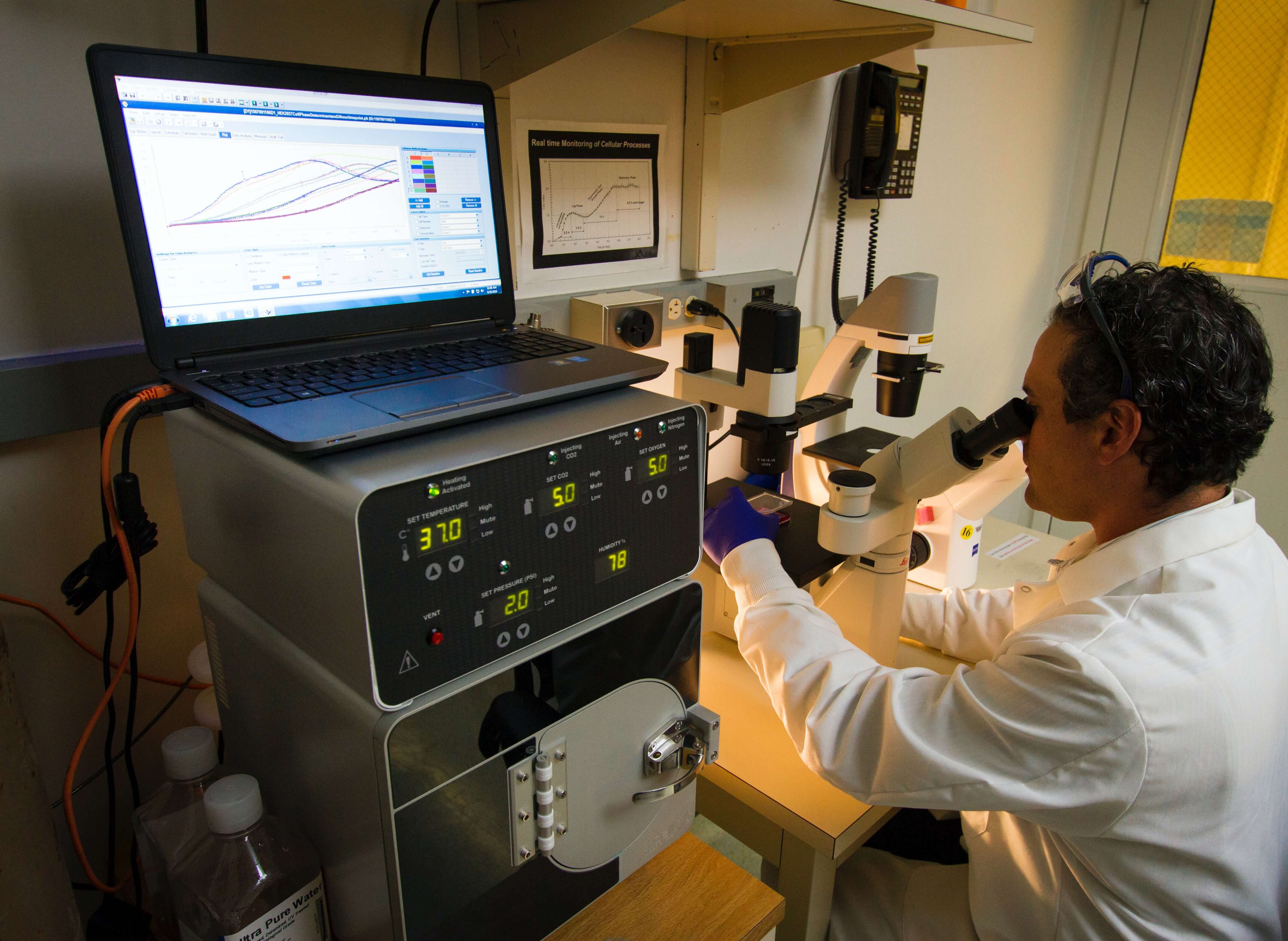 A man in a lab coat wearing blue gloves peers into a large microscope. In the foreground a laptop displaying line graphs sits on top of a boxy instrument. The instrument's front panel displays five different numbers, each in their own digital display.